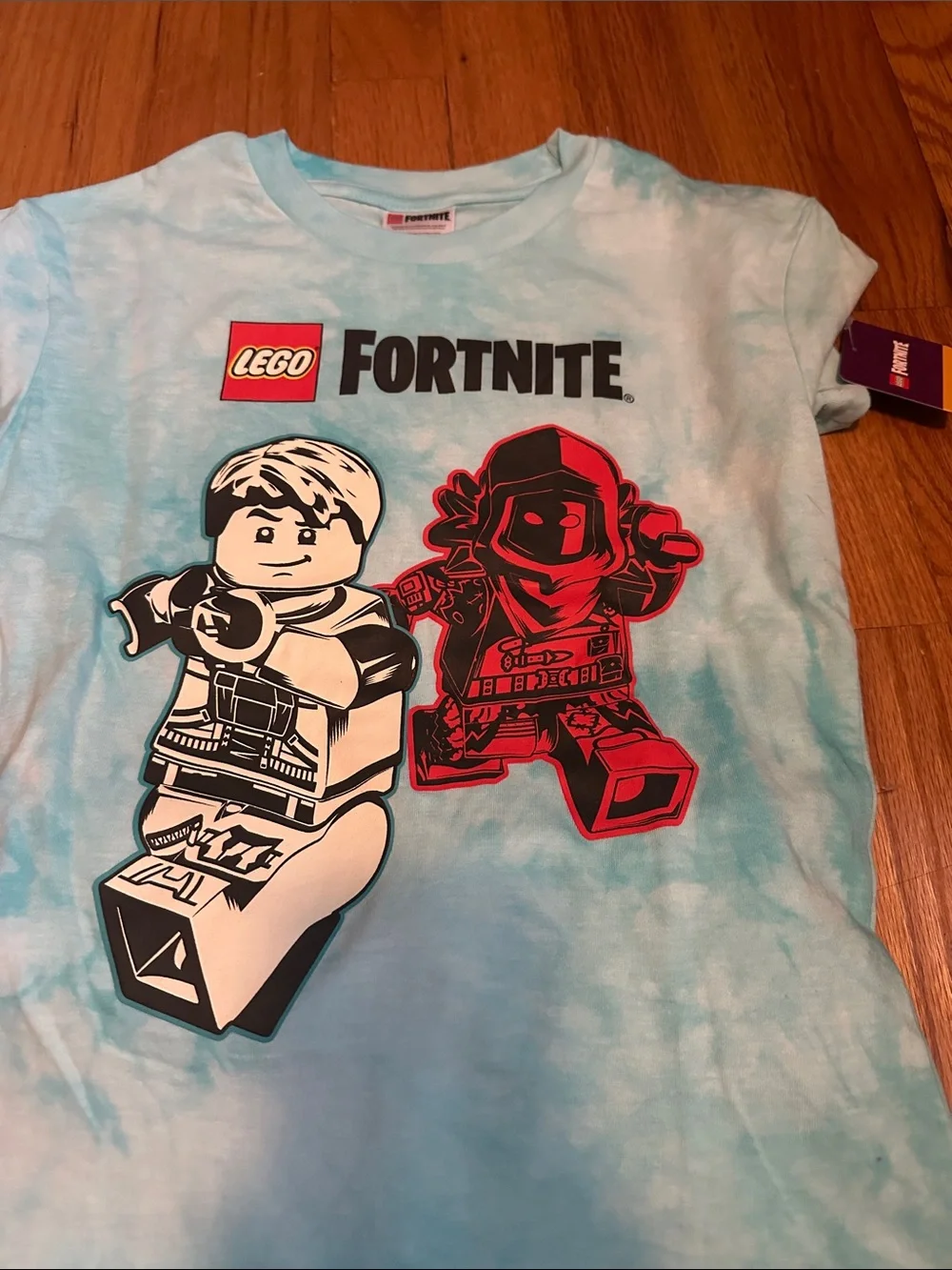 Lego Fortnite Light Blue Tie-Dye Tee and Shorts Set with Red/Black Graphics